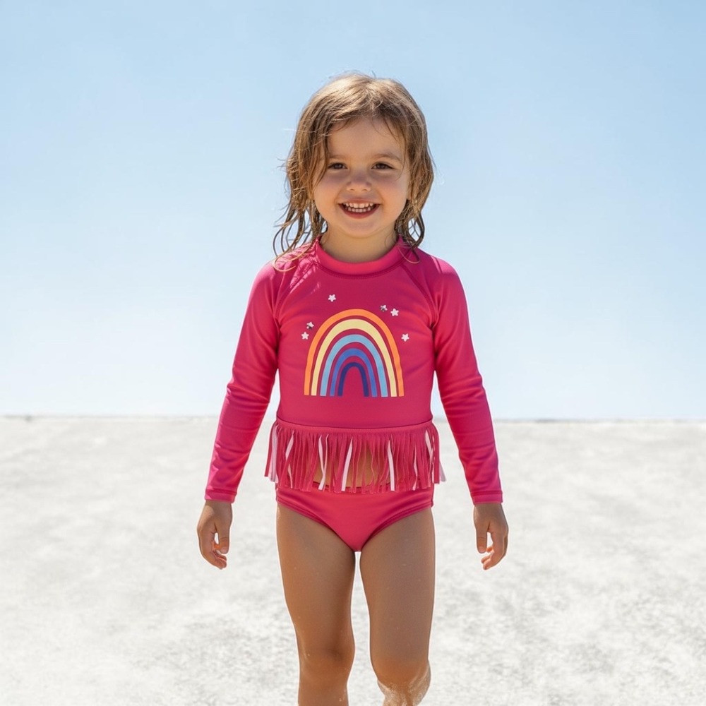 Andy & Evan Girls Pink Rainbow Fringe Long Sleeve Rash Guard Swimsuit UPF 50+ 6X